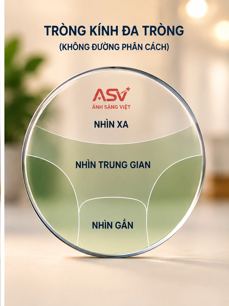 Minh họa kính đa tròng với vùng nhìn xa trung gian và gần