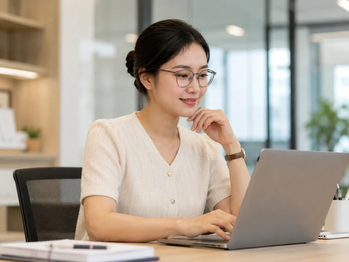 Người đeo kính làm việc trước màn hình máy tính