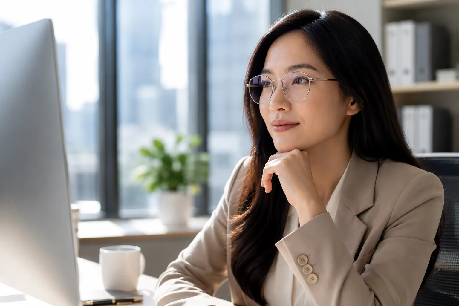 Người làm văn phòng đeo kính, môi trường làm việc nhiều ánh sáng và màn hình