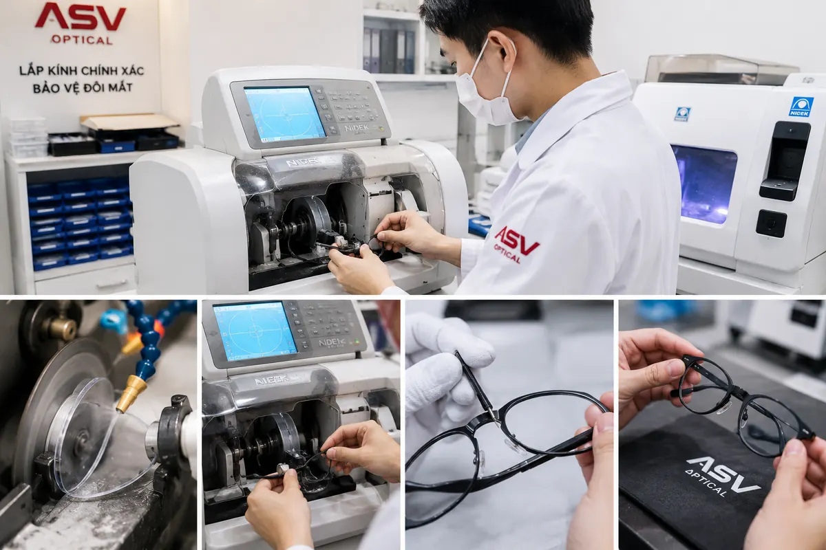 Kỹ thuật viên ASV Optical mài lắp tròng kính vào gọng cũ của khách