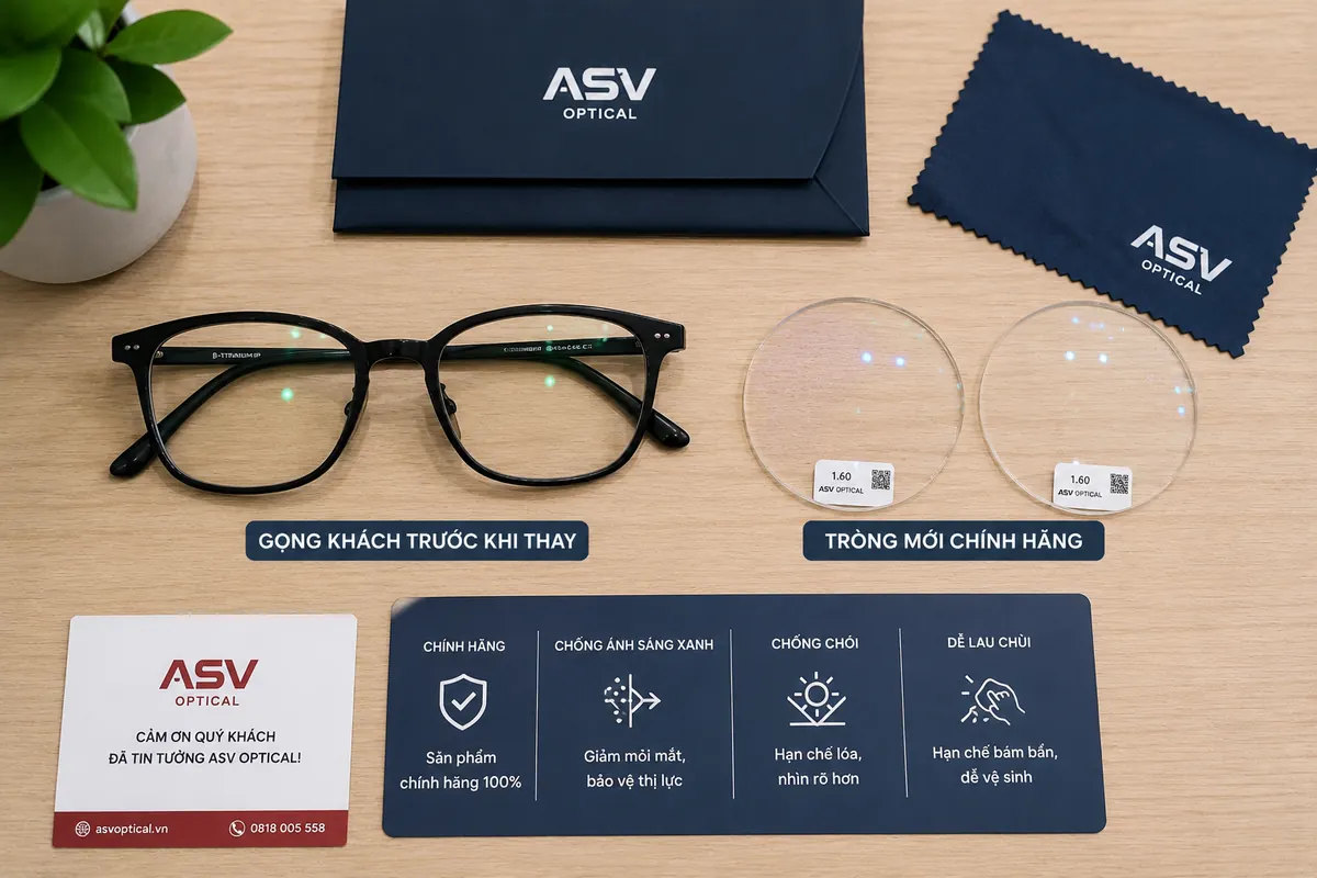 Gọng kính của khách trước khi thay và cặp tròng mới chính hãng tại ASV Optical