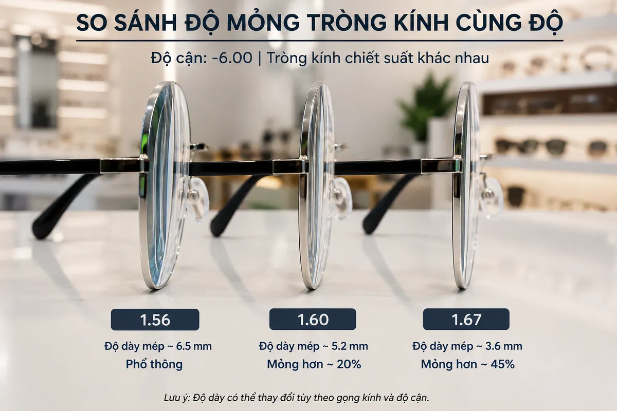 So sánh độ dày mép tròng kính chiết suất 1.56, 1.60 và 1.67 cùng độ cận